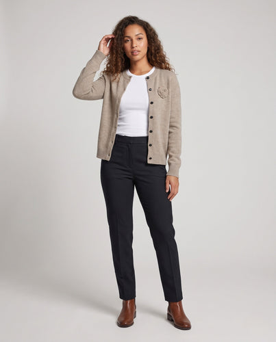 Damen Feiner Kaschmir‑Look Knopfcardigan mit Zierblüte und geripptem Saum Drune