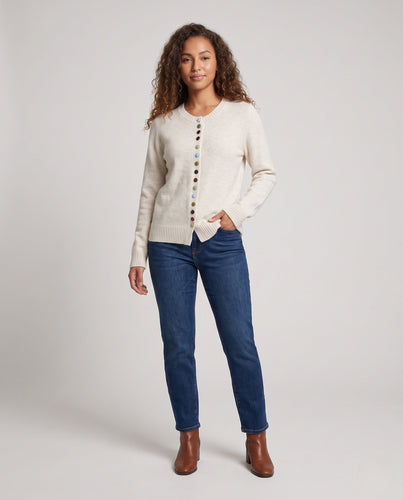 Damen Feiner V-Ausschnitt-Cardigan mit mehrfarbigen Zierknöpfen und geripptem Saum Drune
