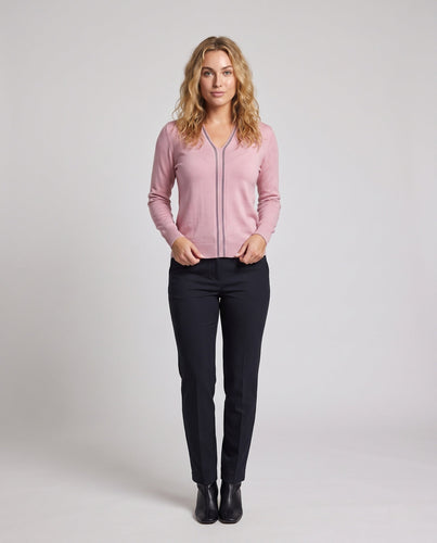 Damen Feiner V‑Ausschnitt-Feinstrickpullover mit dekorativem Strassstreifen und geripptem Saum Drune