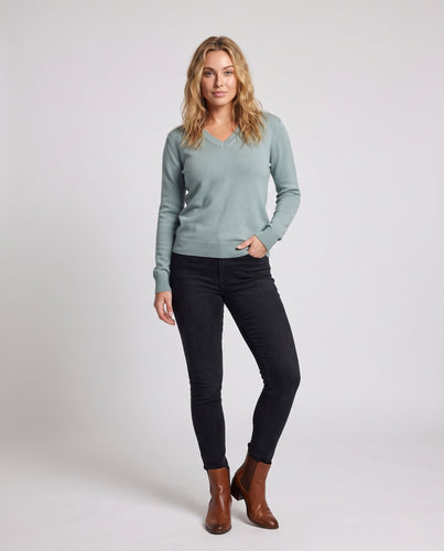 Damen Feiner V-Ausschnittpullover aus Baumwoll-Kaschmir-Mischung mit schmaler Schulternaht Drune
