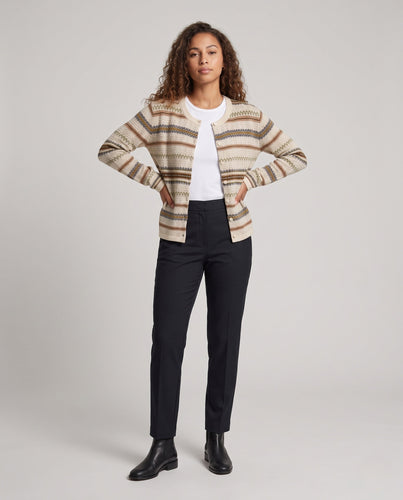 Damen Feinstrick-Cardigan mit Norwegerstreifen und Rundhalsausschnitt Drune