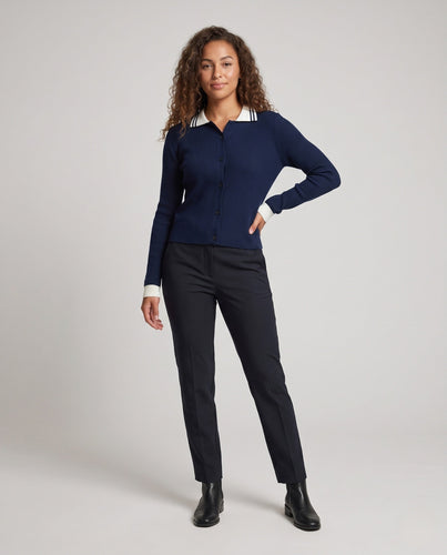 Damen Feinstrick-Cardigan mit Polokragen und kontrastierenden Bündchen Drune