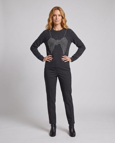 Damen feiner Strickpullover mit Rundhalsausschnitt und funkelnder Schleifen-Strassapplikation Drune