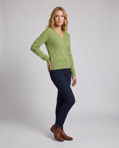 Damen Feinstrickpullover mit V‑Ausschnitt, Ajourmuster und flauschiger Mohair-Optik Drune