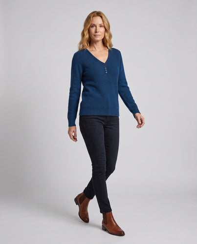 Damen Feinstrickpullover mit V-Ausschnitt und dekorativer Knopfleiste, kaschmirähnliche Weichheit Drune