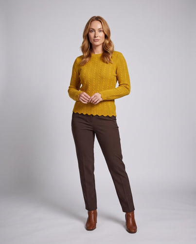 Damen Feinstrickpullover mit Zopfmuster, Rundhalsausschnitt und gewelltem Saum Drune