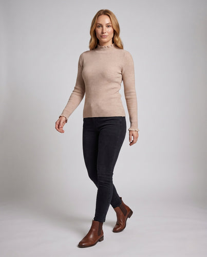 Damen Figurbetonter Feinstrickpullover mit feiner Rippenstruktur und Wellensaum-Ärmeln Drune