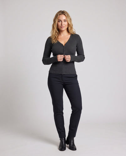 Damen figurbetonender gerippter Cardigan mit V-Ausschnitt und zartem Knopfverschluss Drune