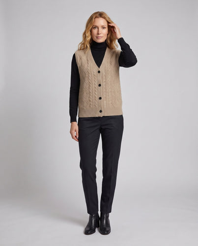 Damen Flauschige Strickweste mit V‑Ausschnitt, Zopfmuster und Knopfleiste Drune