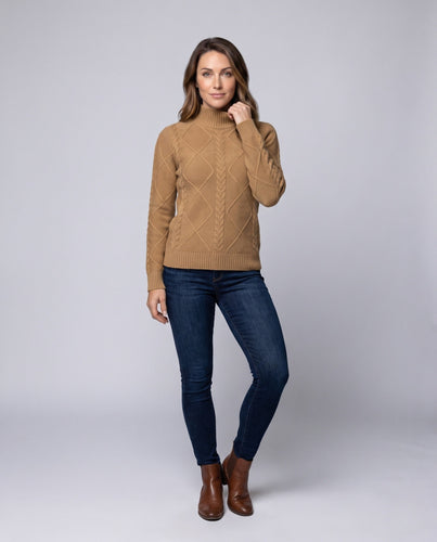 Damen Flauschiger Strukturstrick‑Mockneckpullover mit Zopf‑ und Rautenmuster Drune