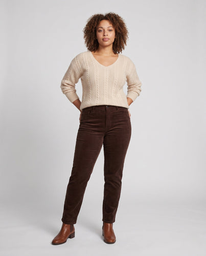 Damen Fluffiger V-Ausschnitt Kabelstrickpullover mit Offenen Details und Cashmere-ähnlicher Weichheit Drune