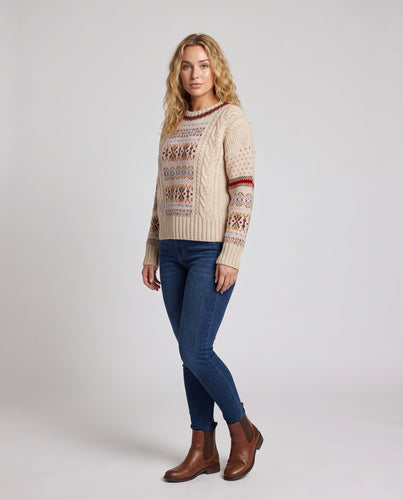 Damen Gemusterter Oversize-Pullover mit Norweger-Motiv, Zopfmuster und weichem Mohair-Look Drune