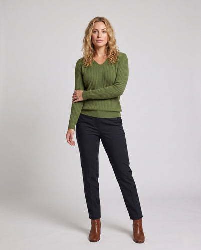 Damen Gerippter V-Ausschnitt Feinstrickpullover mit verlängerten Bündchen und schlanker Passform Drune