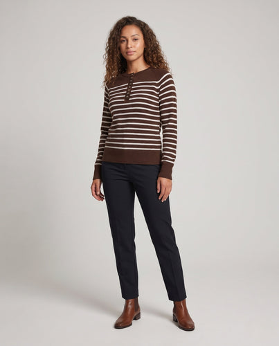 Damen Gestreifter Feinstrickpullover mit Zierknopfleiste und Raglanärmeln Drune