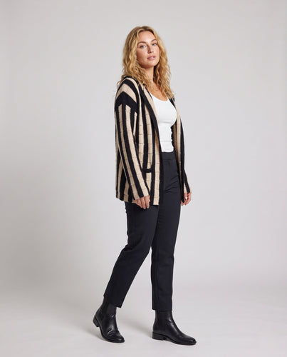 Damen gestreifter Longcardigan mit Kapuze und strukturierter Rippenstrick-Optik Drune