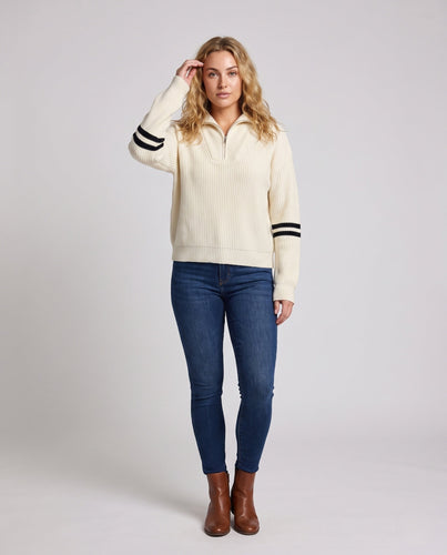 Damen Großer Rippenstrick-Pullover mit halbem Reißverschluss und hohem Kontrastkragen Drune