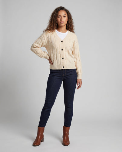 Damen Kabelstrick-Cardigan mit V-Ausschnitt, Oversize-Passform und Ballonärmeln Drune