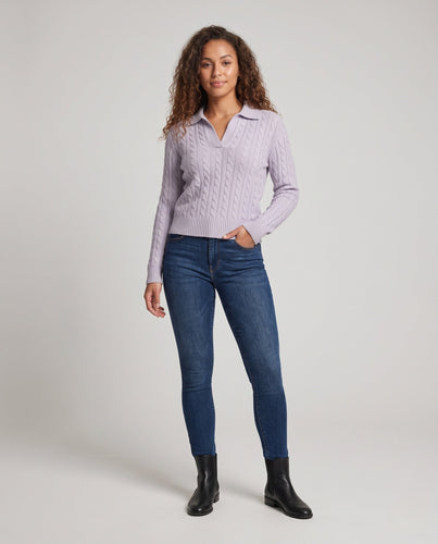 Damen Kabelstrick-Polo-Pullover mit V-Ausschnitt und weicher Feinstrick-Qualität Drune