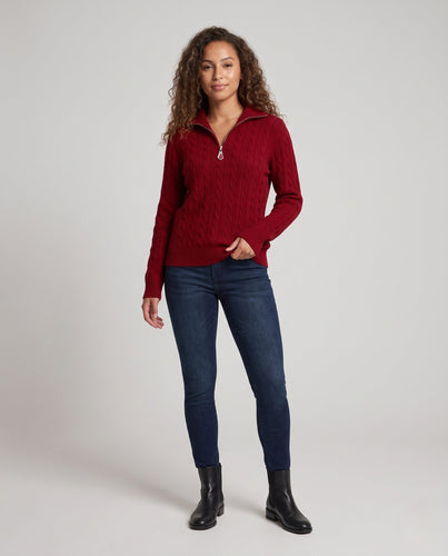 Damen Kabelstrick-Pullover mit halbem Reißverschluss und Stehkragen Drune