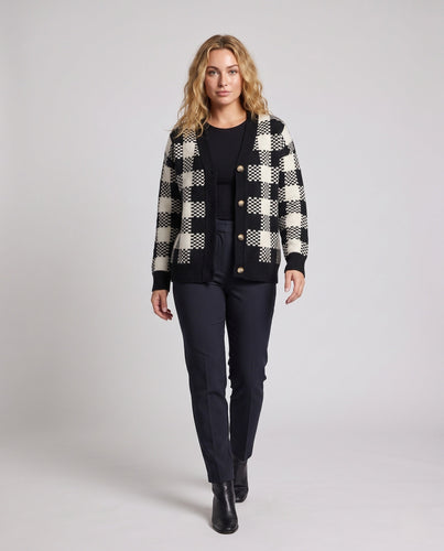 Damen Karierter Strick-Cardigan mit V‑Ausschnitt, Oversize‑Silhouette und dekorativen Knöpfen Drune
