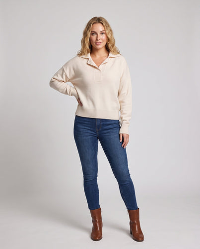 Damen Kaschmir‑Look Polo‑Feinstrickpullover mit offenem Reverskragen und kastiger Silhouette Drune