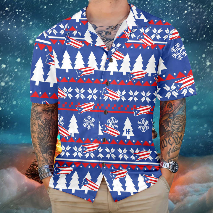 Drune | Puerto Rico Hässliches Weihnachtsmuster Hawaiian Shirt, Puerto Rico Flaggen Weihnachtshemd für Männer