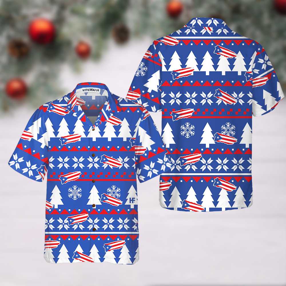 Drune | Puerto Rico Hässliches Weihnachtsmuster Hawaiian Shirt, Puerto Rico Flaggen Weihnachtshemd für Männer
