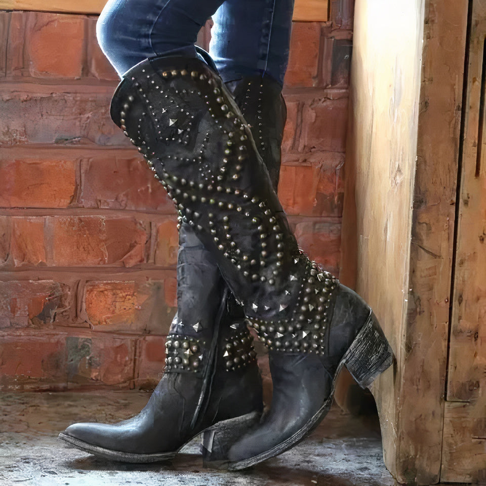 Drune | Nieten Chunky Heel Knielange Stiefel