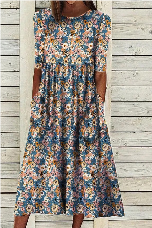 Drune | Midi Sommerkleid mit Kurzen Ärmeln und Blumenmuster