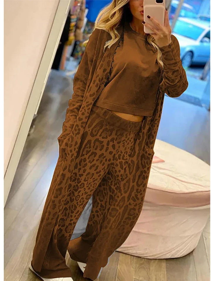 Drune | Leopardenprint Cardigan, Langarm Taschen und Gummizug Hosen Satz