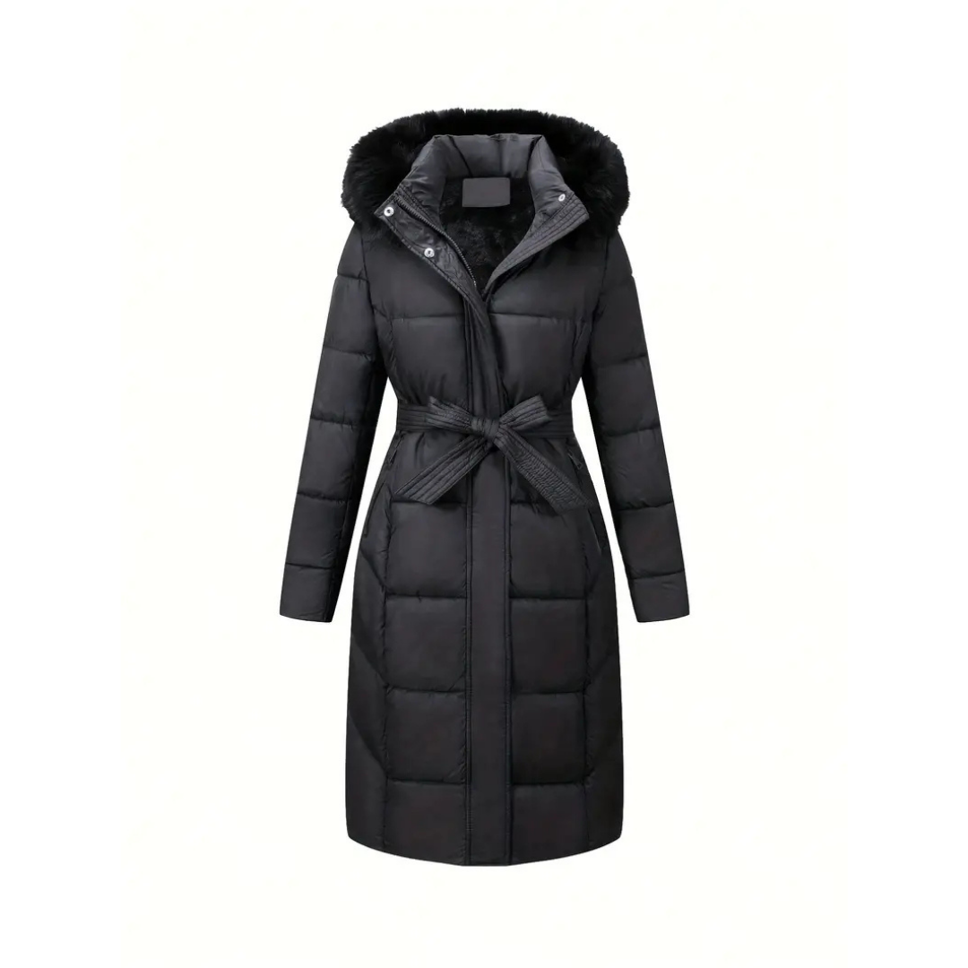 Drune | Winterjacke - stilvolle schwarze Damenjacke mit einer Kunstfellkapuze