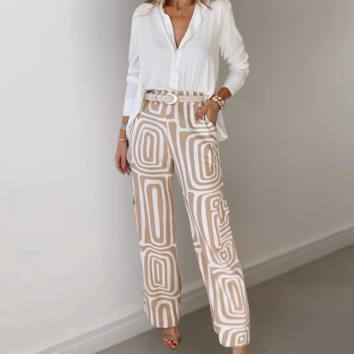 Drune | Hose mit Retro-Muster - Weite High Waist Stoffhose mit Gürtel für Büro & Freizeit