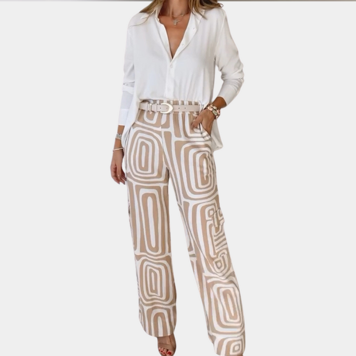 Drune | Hose mit Retro-Muster - Weite High Waist Stoffhose mit Gürtel für Büro & Freizeit