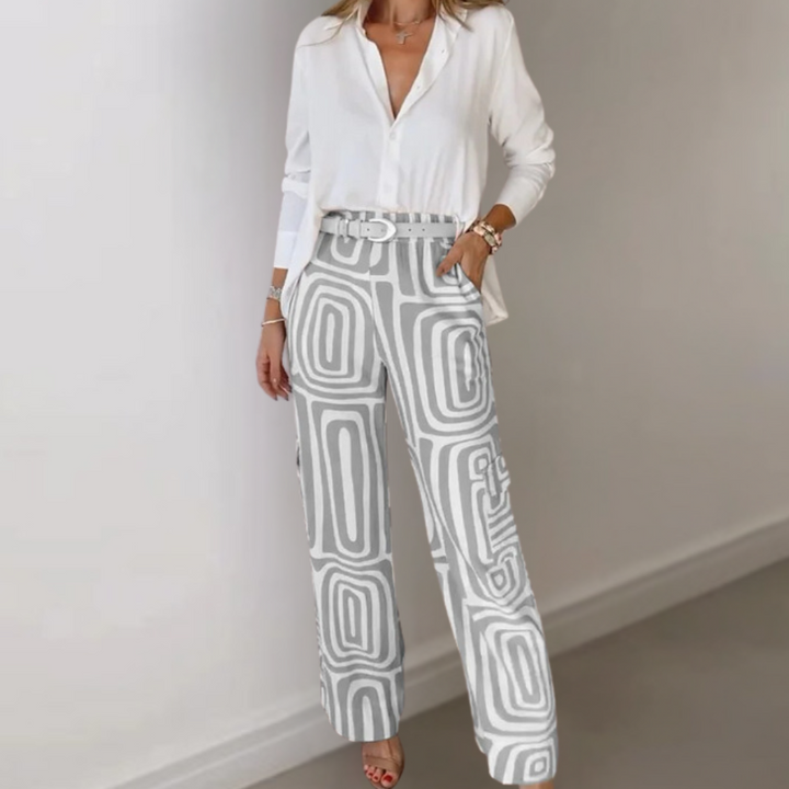 Drune | Hose mit Retro-Muster - Weite High Waist Stoffhose mit Gürtel für Büro & Freizeit