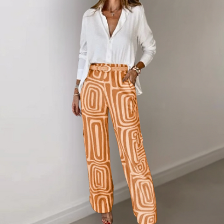 Drune | Hose mit Retro-Muster - Weite High Waist Stoffhose mit Gürtel für Büro & Freizeit