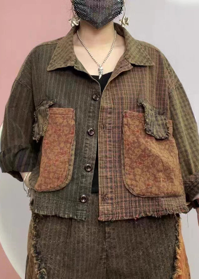 Drune | Karierte Peter Pan Kragen Knopf Taschen Baumwolle Mäntel