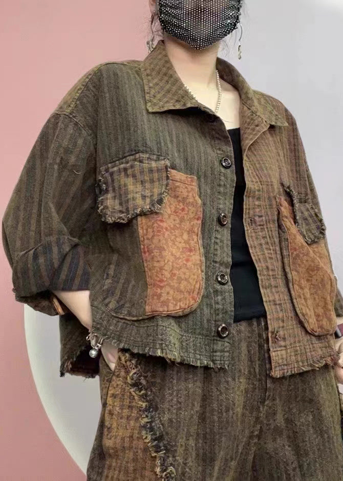 Drune | Karierte Peter Pan Kragen Knopf Taschen Baumwolle Mäntel