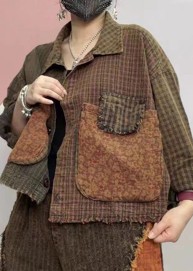 Drune | Karierte Peter Pan Kragen Knopf Taschen Baumwolle Mäntel