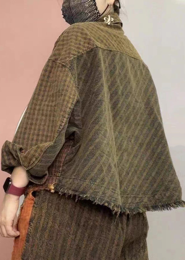 Drune | Karierte Peter Pan Kragen Knopf Taschen Baumwolle Mäntel