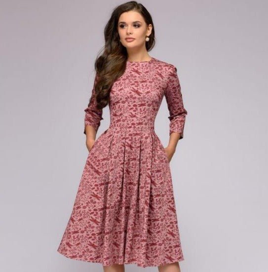Drune | Lässiges Mittellanges Kleid mit Rundhalsausschnitt Blumendruck und Taschen