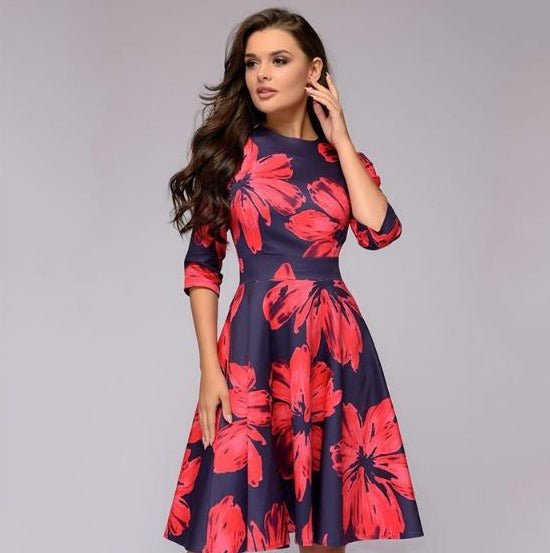 Drune | Lässiges Mittellanges Kleid mit Rundhalsausschnitt Blumendruck und Taschen