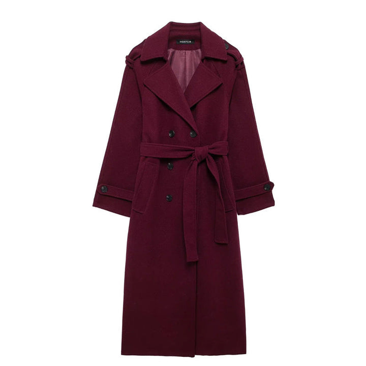 Drune | langer Trenchcoat in elegantem Rot - stilvoller Wintermantel für gemütliche Abende