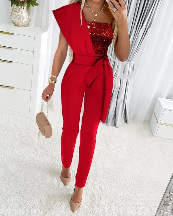 Drune | One Shoulder Jumpsuit Mit Pailletten Und Taillenband