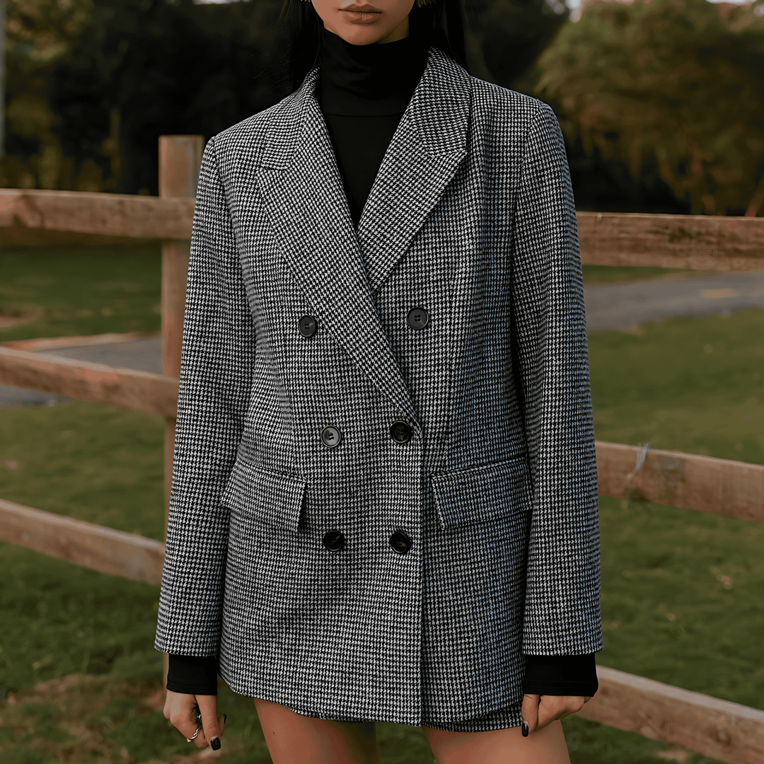 Drune | Damen Doppelter Tweed Blazer Hahnenfußmuster