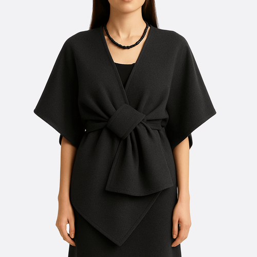 Drune | Damen Drapierter Woll Poncho Mantel mit Taillengürtel