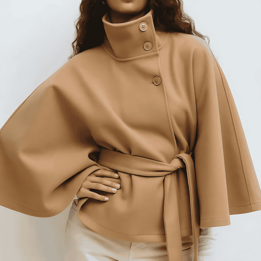 Drune | Damen Bleistift-Hals Kurze Cape Jacke Mit Gürtel Taille