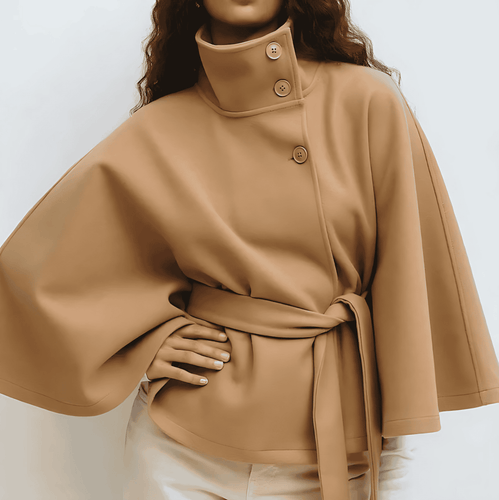 Drune | Damen Bleistift-Hals Kurze Cape Jacke Mit Gürtel Taille