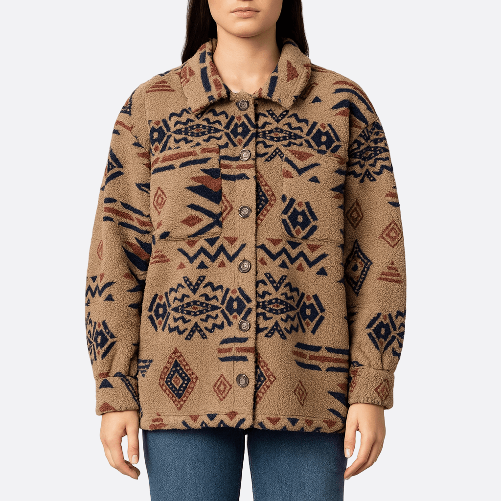 Drune | Damen Oversized Plüsch Jacke Fuzzy Geometrisches Muster