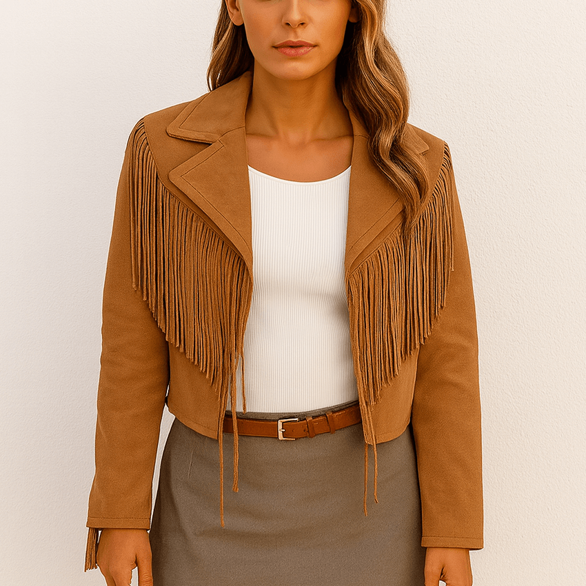 Drune | Damen Wildlederjacke Fitted Fransen Taille-Länge