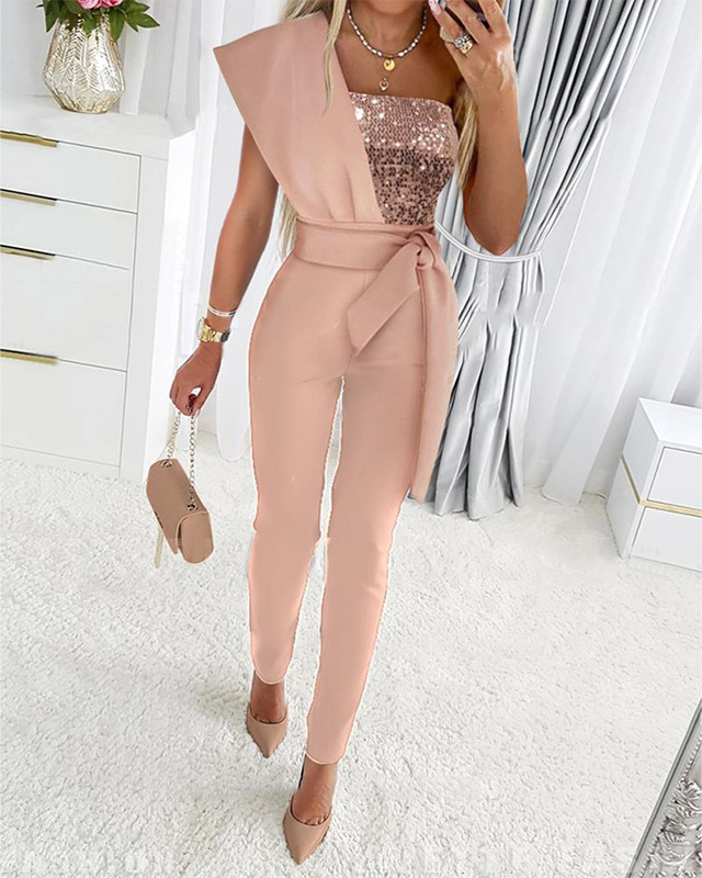 Drune | One Shoulder Jumpsuit Mit Pailletten Und Taillenband
